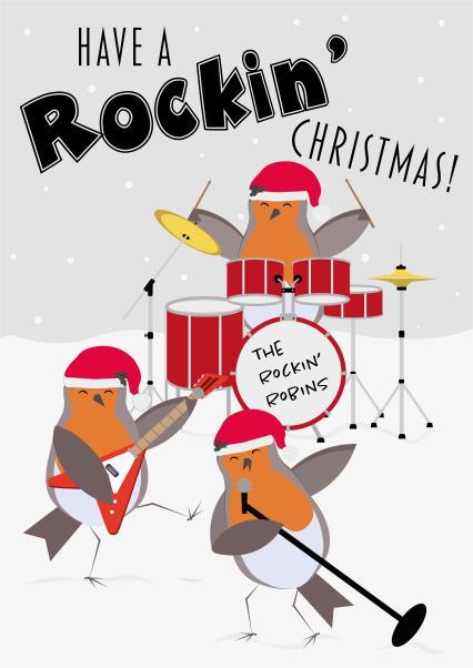 Cute Robin Music inspired Christmas Card - Have a Rockin' Christmas ...