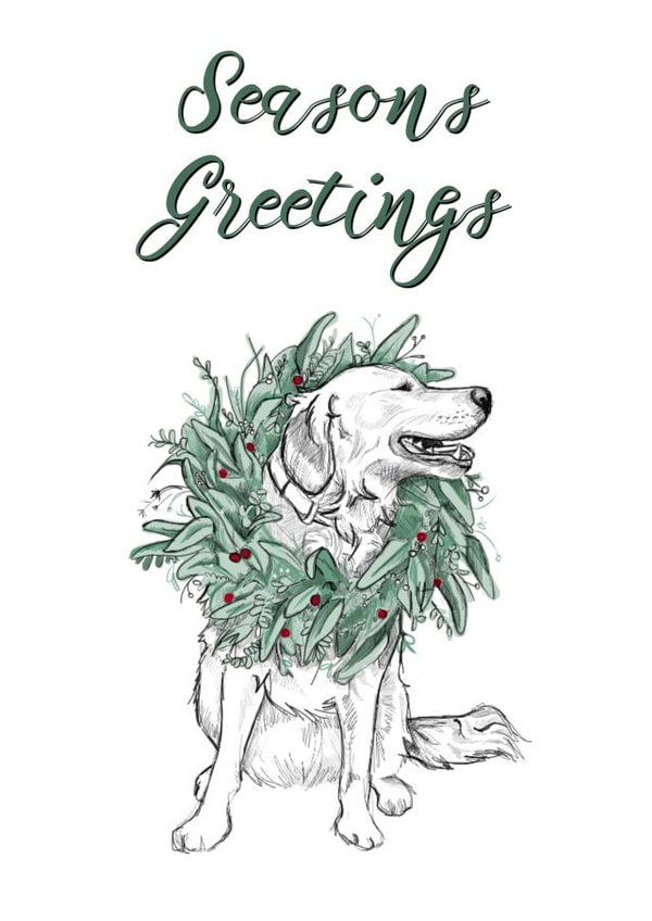 Cute Golden Retriever wearing a Christmas Wreath, Seasons Greetings created by Amy Cockcroft