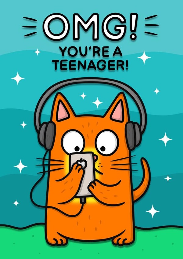 Omg you’re a teenager! Cute cartoon teen cat 13th birthday card created by Wafflemamaart