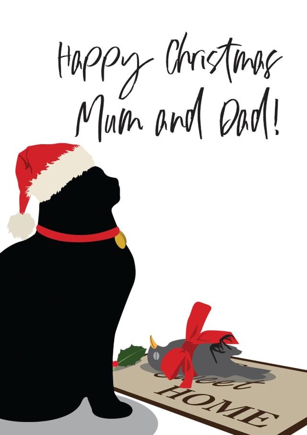 Funny Cute Cat Christmas Card for Mum and Dad - Black Cat with Dead Bird Present created by Jackie Ponwaye Design