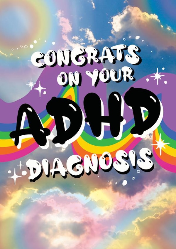 A fun, colourful ADHD Diagnosis celebration card for a family member or friend. created by Fran Hennessy, Shimmy Shimmy Yay!