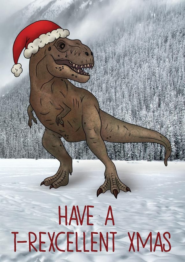 Funny T-Rex Christmas Card - T-Rex Santa - Have a T-Rexcellent Xmas created by Charlie - Cherry Pie Lane