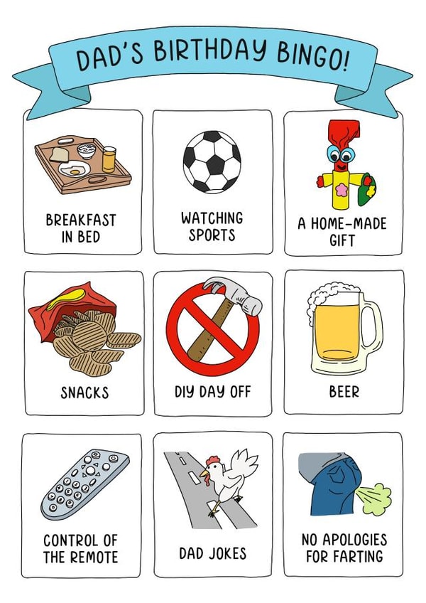 Funny Birthday Bingo card for Dad created by Evie Garnett Designs