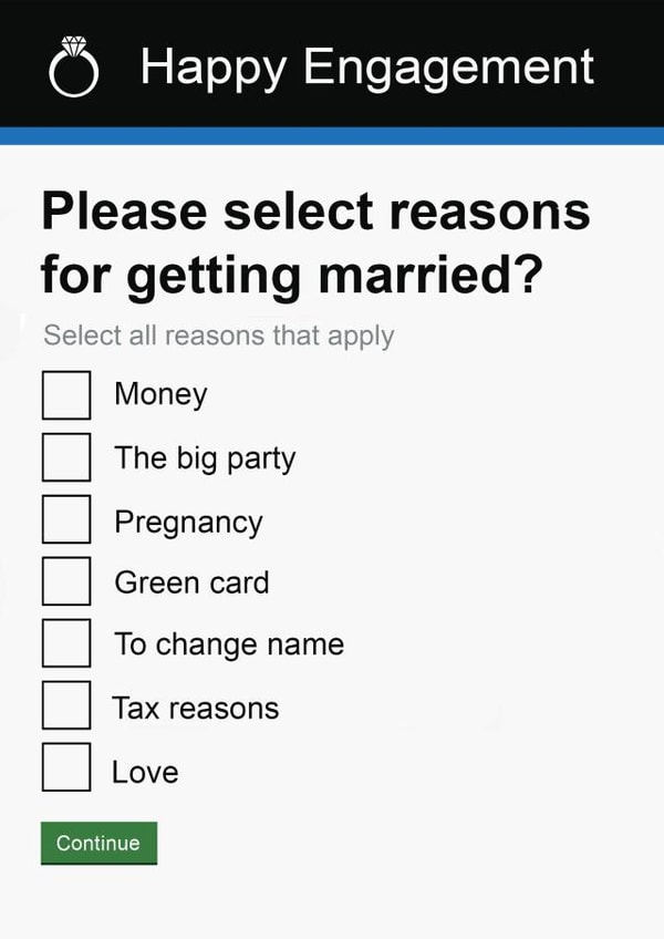 Funny | Cheeky | Engagement | Government Form Engagement Marriage Reasons Card created by Pottsy Prints