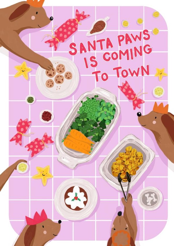 Santa Paws is Coming to town - Dachshund dinner party - Pink Christmas Card created by Marie Wilkinson
