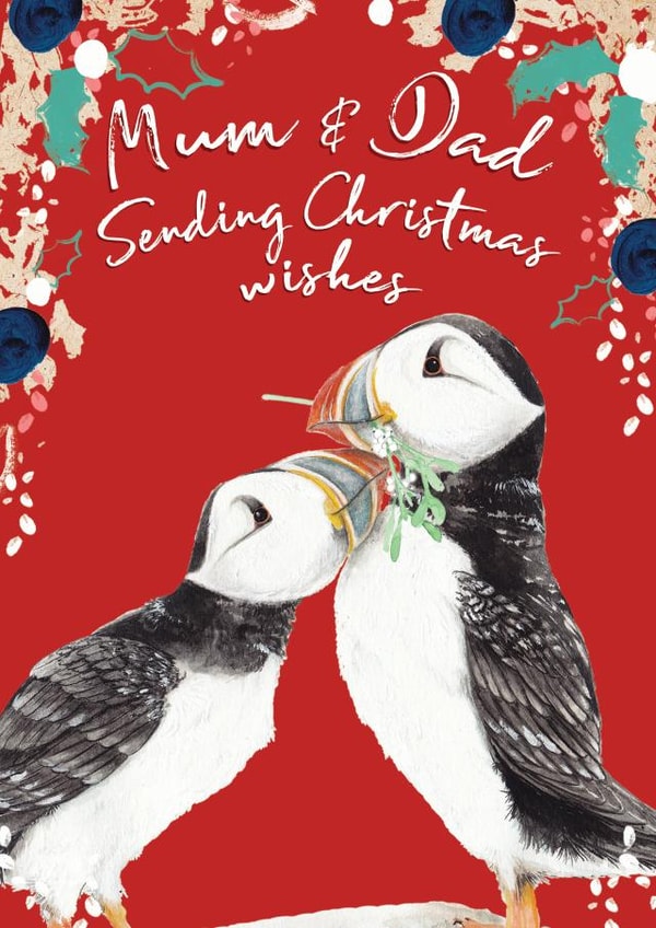 Beautiful Mum & Dad - Merry Christmas Puffins - Cute Watercolour Wildlife created by Miss Meaney's