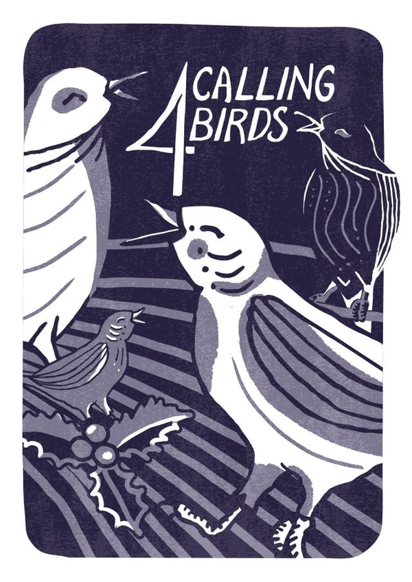 Four Calling Birds Christmas card from the 12 Days of Christmas Series created by Kati Lacey Illustration