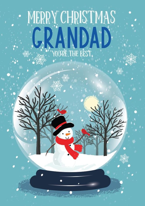 Cute snowman in snow globe winter scene with birds and trees created by Paper Valley Design Studio