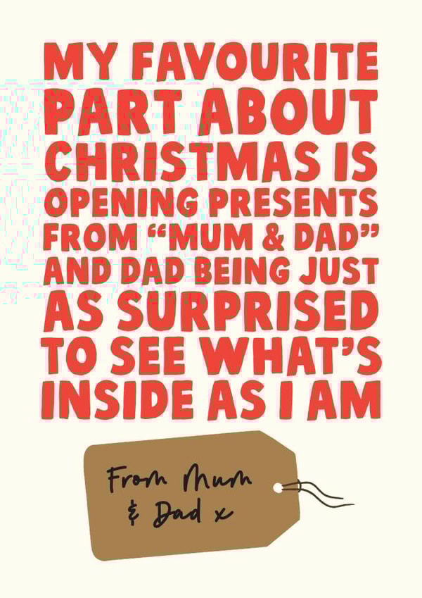 Christmas Day Presents From Mum and Dad - Funny Christmas Card For Parents created by Studio Doodles