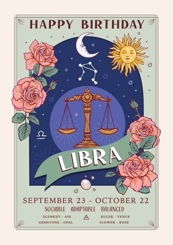 Pretty Birthday Card For Libra - Zodiac Sign Flowers and Personality created by Angie Spurgeon