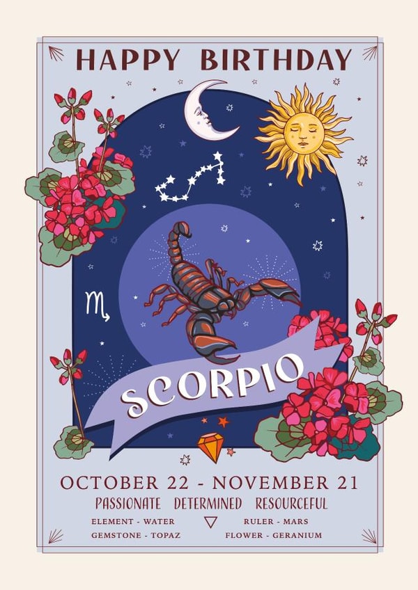Pretty Birthday Card For Scorpio - Zodiac Sign Flowers and Personality created by Angie Spurgeon