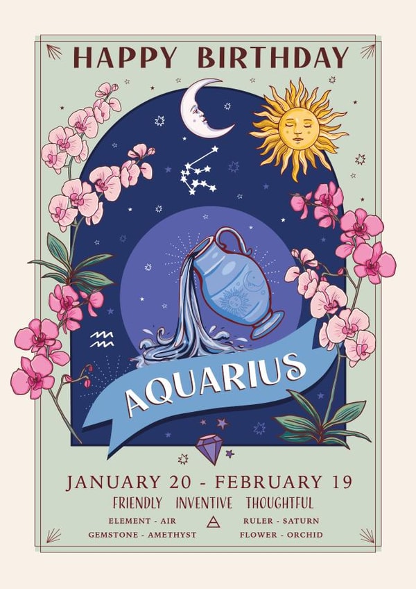 Pretty Birthday Card For Aquarius - Zodiac Sign Flowers and Personality created by Angie Spurgeon