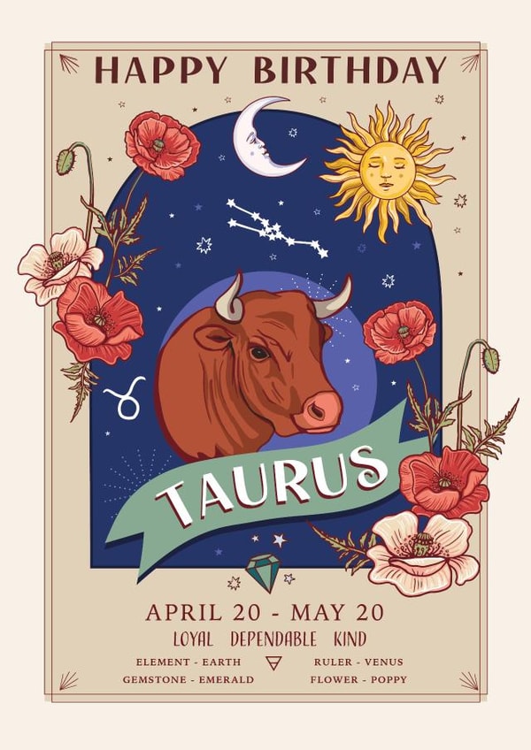 Pretty Birthday Card For Taurus - Zodiac Sign Flowers and Personality created by Angie Spurgeon