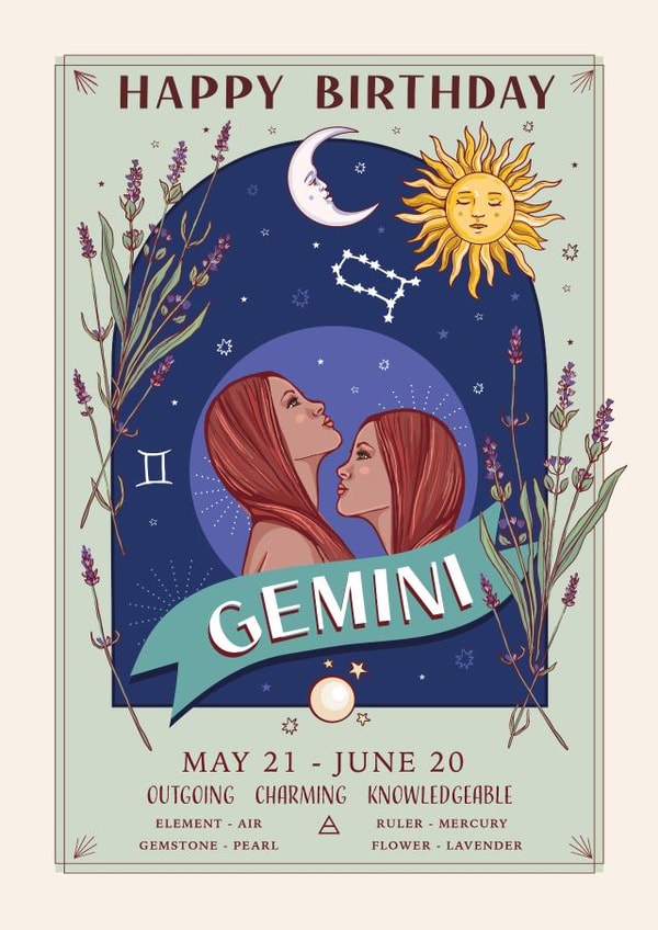 Pretty Birthday Card For Gemini - Zodiac Sign Flowers and Personality created by Angie Spurgeon