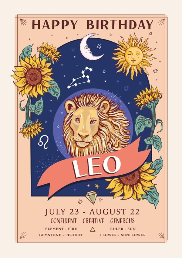 Pretty Birthday Card For Leo - Zodiac Sign Flowers and Personality created by Angie Spurgeon