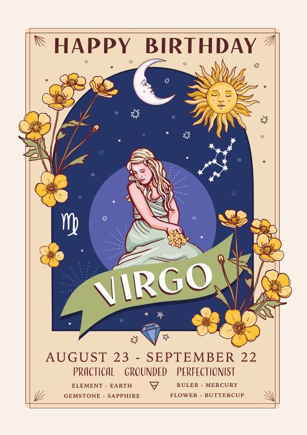 Pretty Birthday Card For Virgo - Zodiac Sign Flowers and Personality created by Angie Spurgeon
