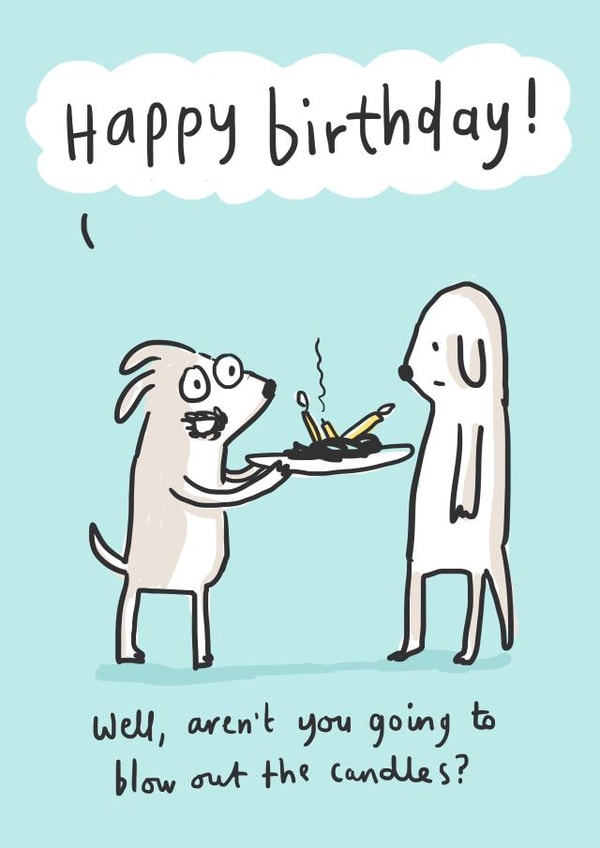 Funny and cute dog birthday card - naughty dog pretending nothing has happened created by Sarah Ray