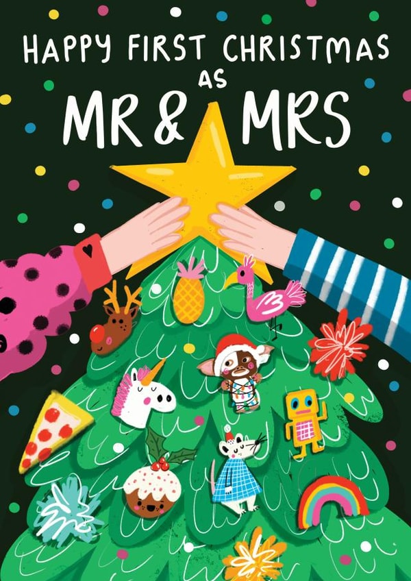 FIRST CHRISTMAS AS MR & MRS CHRISTMAS CARD. FOR MARRIED COUPLES. created by NICHOLA COWDERY ILLUSTRATIONS 
