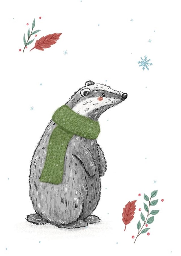 A Cute Badger Wearing a Snuggly Scarf created by Ellie Bednall