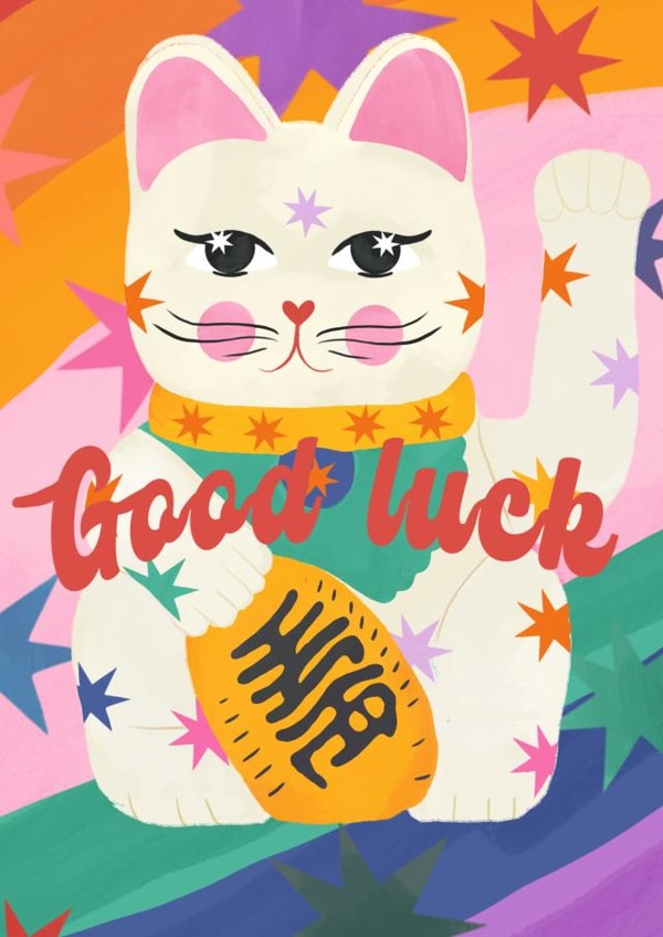 Cute Lucky Cat Card For Her, Rainbow Cute and Funky Good Luck Card created by Kate Fox