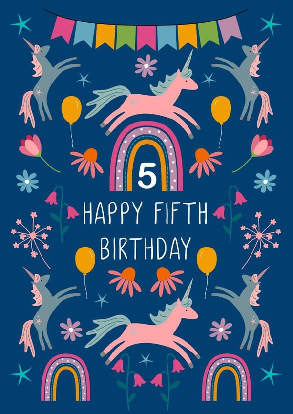 Colourful Unicorn 5th Birthday Card +Rainbows for Girls/Boys/Kids Fifth Birthday created by Lula Bird Designs