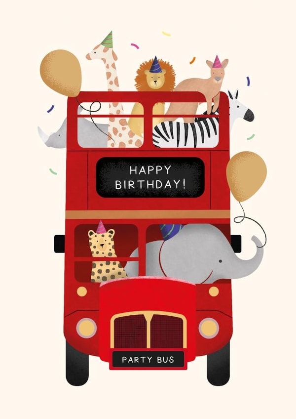 Cute Birthday Card - Red Party Bus with Safari Animals created by Studio Mads