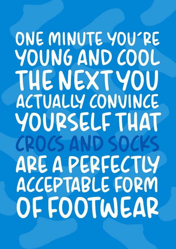 'Crocs and Socks' Funny and Relatable Footwear Themed Birthday Card created by Brogan Thomas