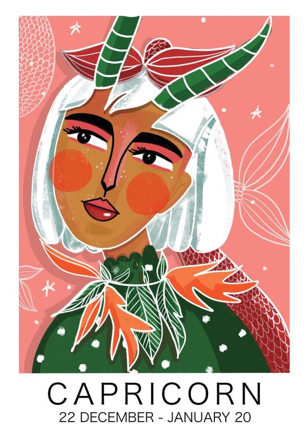 BEAUTIFUL ART ZODIAC CARD FOR CAPRICORNS. PERFECT FOR HER. created by NICHOLA COWDERY ILLUSTRATIONS 