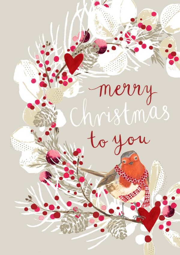 Cute Robin Christmas Card - Robin and wreath - Merry Christmas To You ...