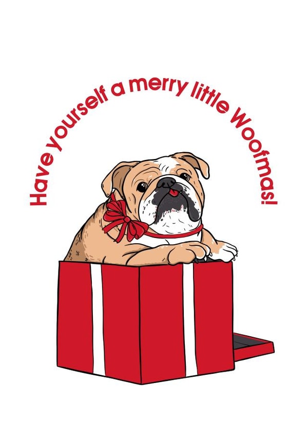Cute Christmas card with a bulldog jumping out of a box - Merry little Woofmas created by illograph