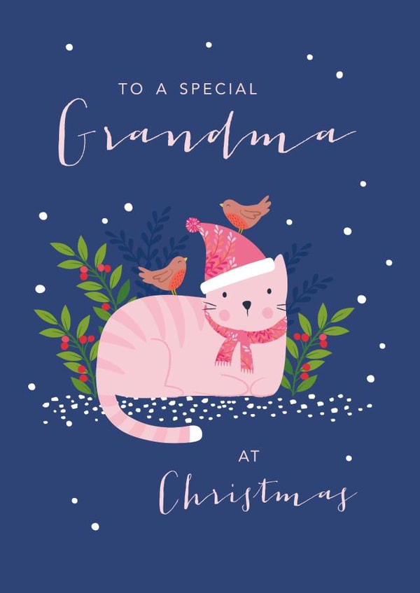 Cute Special Grandma Festive Cat and Robin Christmas card created by Klara Hawkins