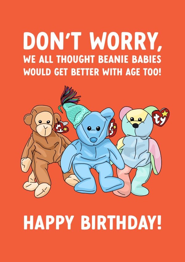 Funny Beanie Babies Birthday Card for adults created by Evie Garnett Designs