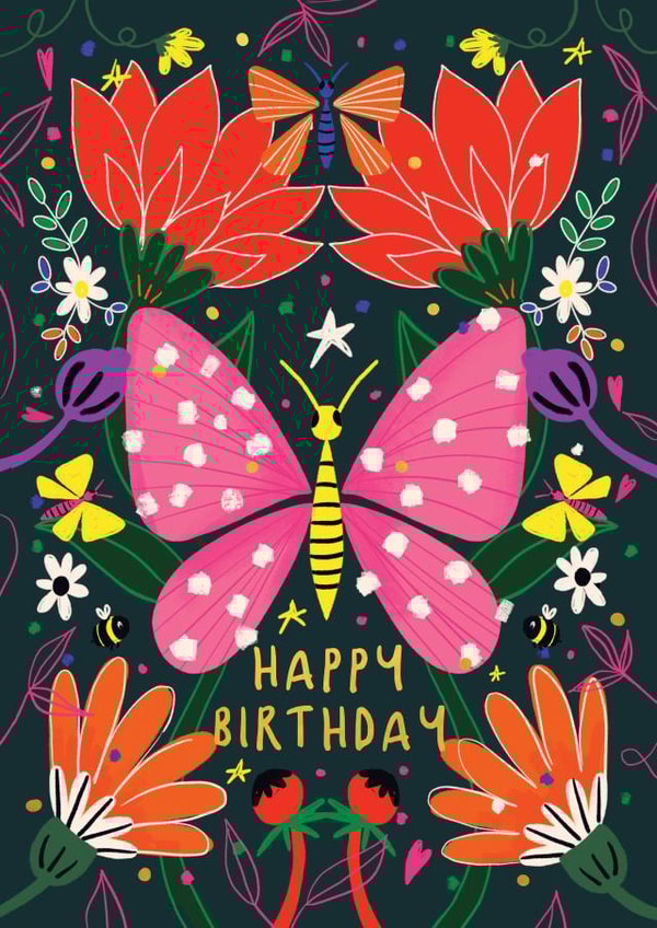 Pretty Birthday Card - Butterflies - Flowers created by NICHOLA COWDERY ILLUSTRATIONS 