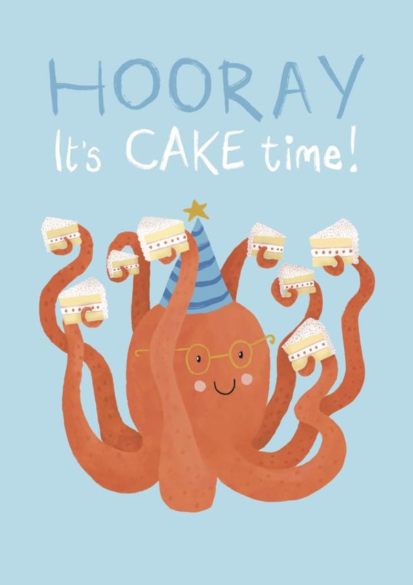 Cute Birthday Card for Kids - Octopus Eating Cake - HOORAY It's CAKE time! created by Claire Prendergast 