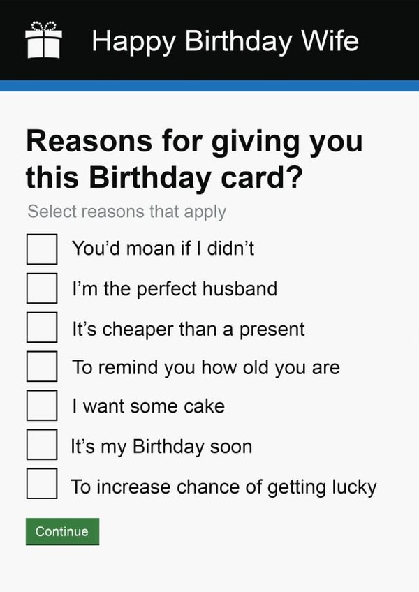 Wife Birthday Card | Funny and Rude | Government Gateway Form created by Pottsy Prints