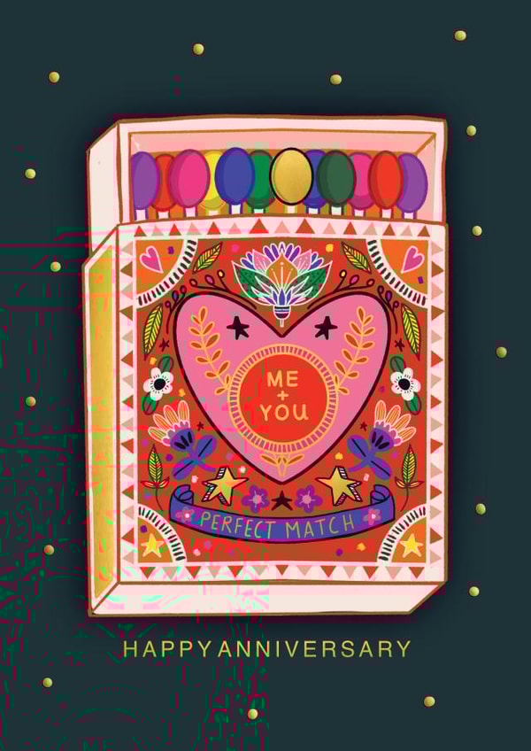 CUTE MATCH BOX ANNIVERSARY CARD. PERFECT FOR HER OR HIM. created by NICHOLA COWDERY ILLUSTRATIONS 