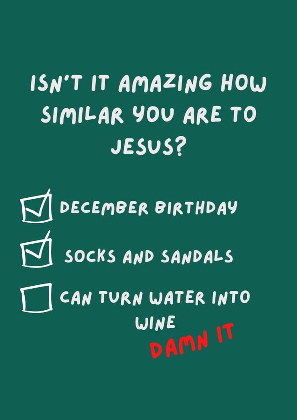 Funny Jesus and wine December birthday card created by original fox designs