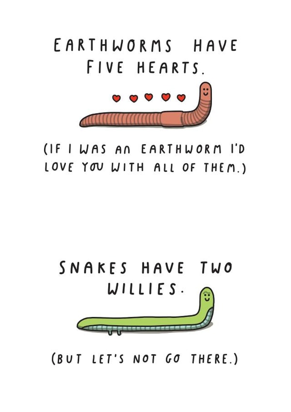 Earthworms Have Five Hearts. Funny, Cute Valentine's Day or Anniversary Card created by mungo and shoddy