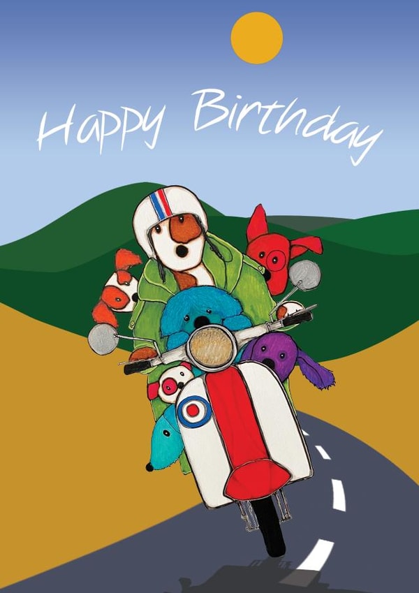 Dogs Riding on a Scooter- Funny, Cute Birthday Card created by Arty Sally