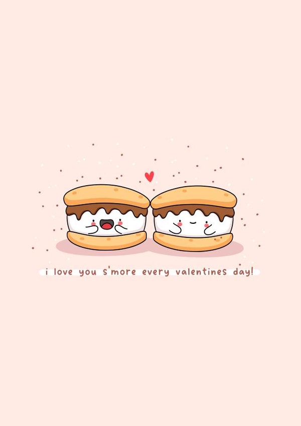 Cute s’mores valentines card - Kawaii card - food pun created by Rosalie Perl