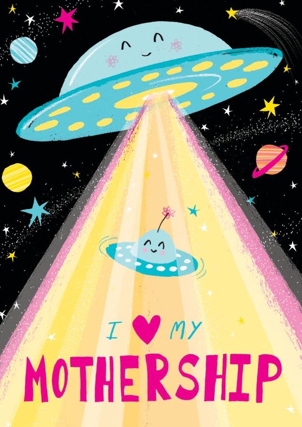 For mum, cute funny Mother's Day card, mother's day. Space UFO Spaceships created by Paula Bowles