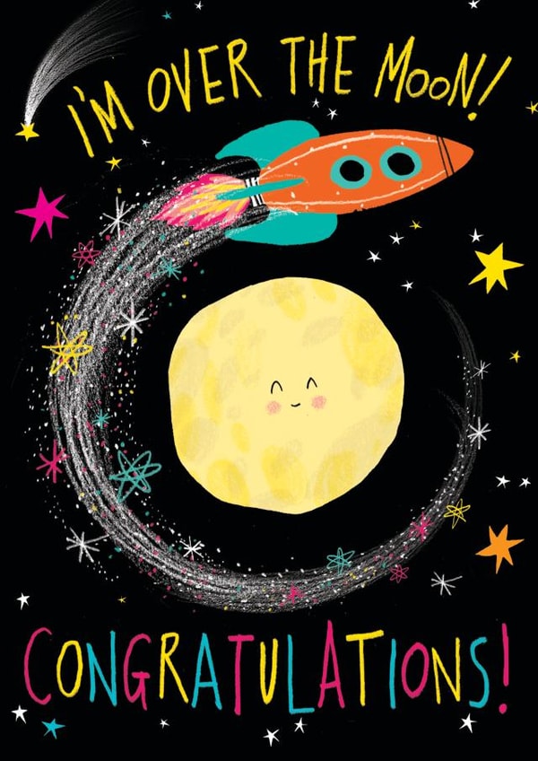 Cute Congratulations card - Space rocket and moon - Over the Moon! created by Paula Bowles