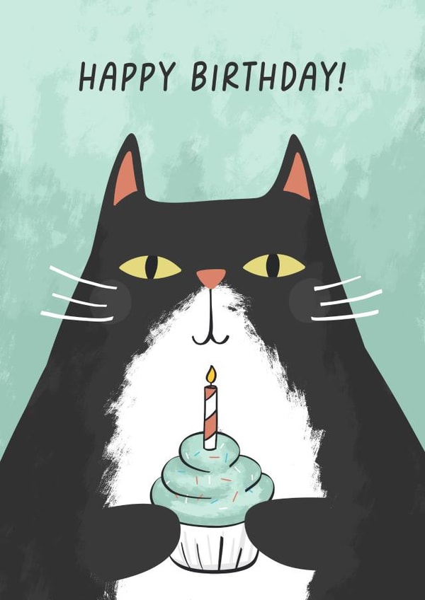 Cute black and white cat with cake Birthday card! created by Evie Garnett Designs