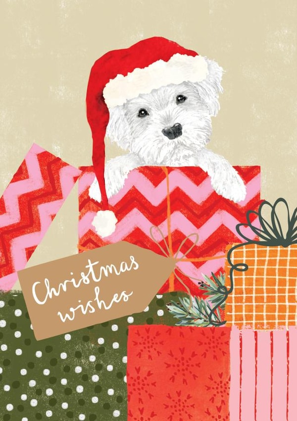 Cute Christmas card - Dog with Christmas Presents - Christmas Wishes created by Louise Tiler