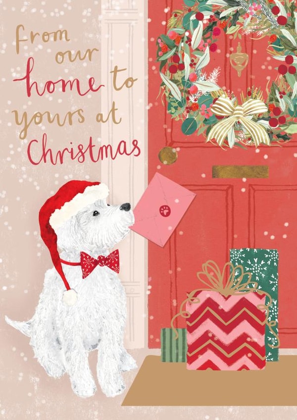 Cute Christmas card - Dog posting card - From Our Home To Yours At Christmas created by Louise Tiler