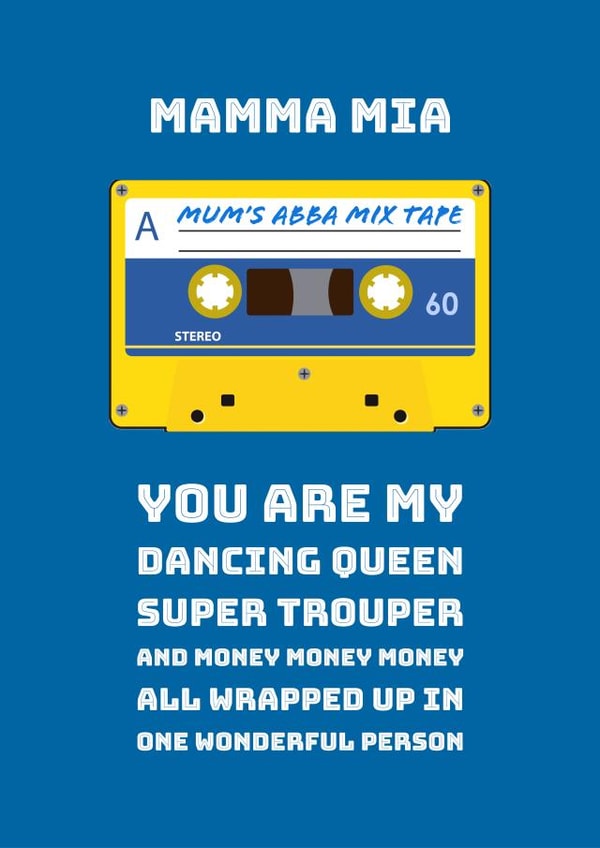 Cheeky and Heartfelt Mother's Day card - Retro ABBA Mix Tape - Mamma Mia created by PEA GREEN PRINTS