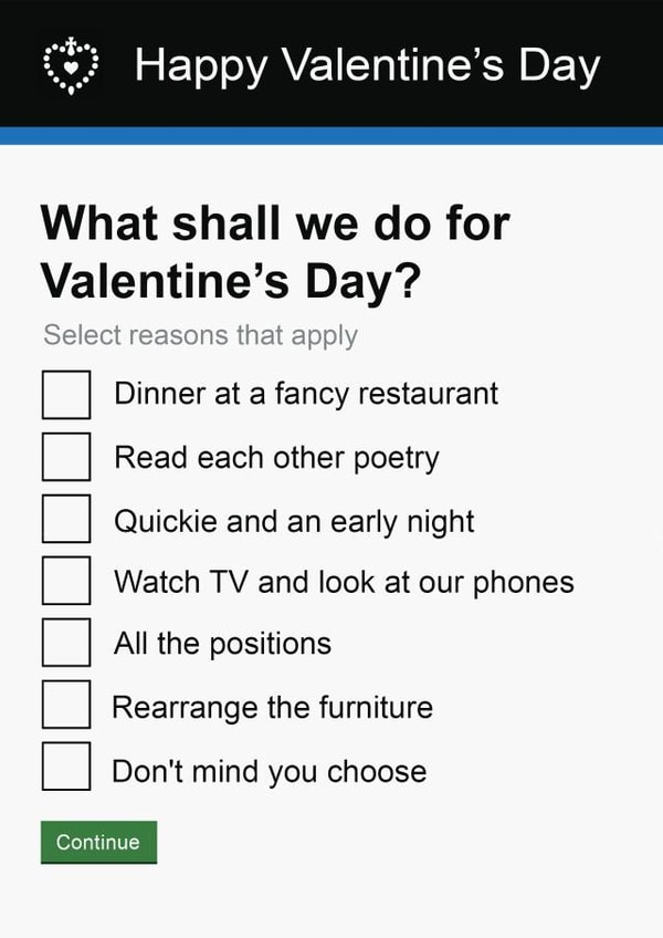 Funny | What Shall We Do For Valentine's Day? | Government Form Card created by Pottsy Prints