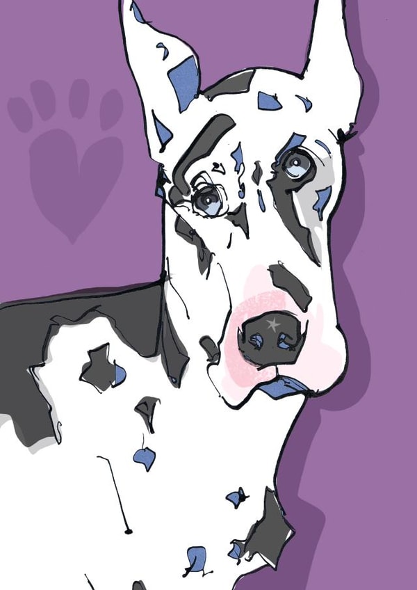 Funny Spotty Great Dane card to send to your loved ones created by Higgledy Prints