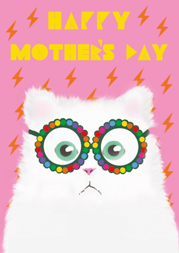 Pretty kitty Mothers Day card featuring fluffy white cat wearing kitsch glasses created by @ChildstarSamantha