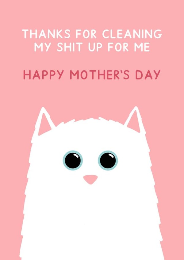 Funny White Cat Mother's Day Card - Thanks For Cleaning My Shit Up For Me created by Jeff and the Squirrel